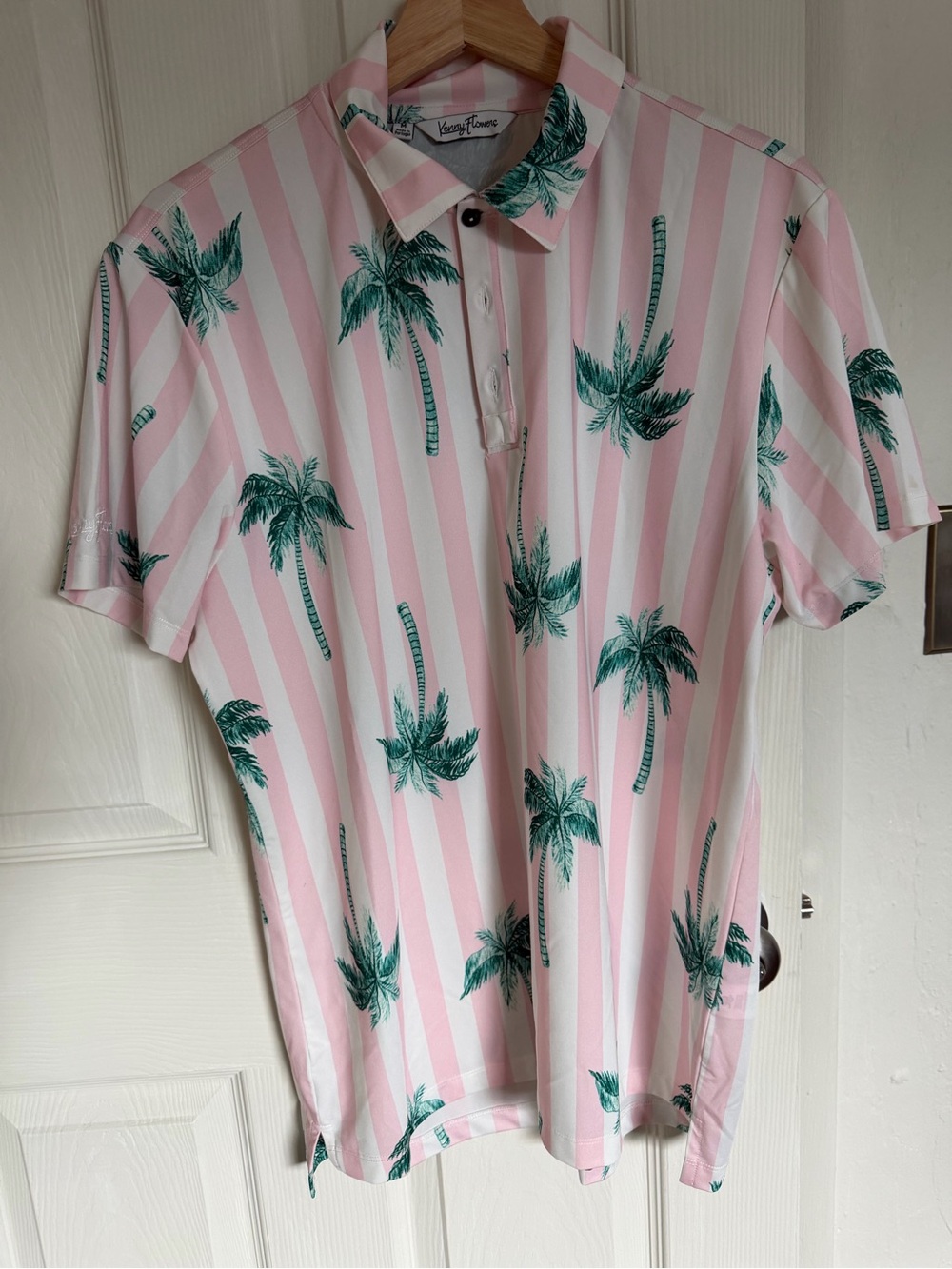 Kenny Flowers Pink & White Stripe Polo with Green Palm Print